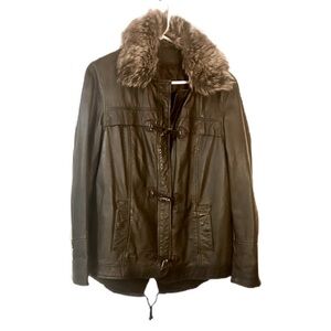 Danier Women's Brown Leather Jacket with Fur Collar